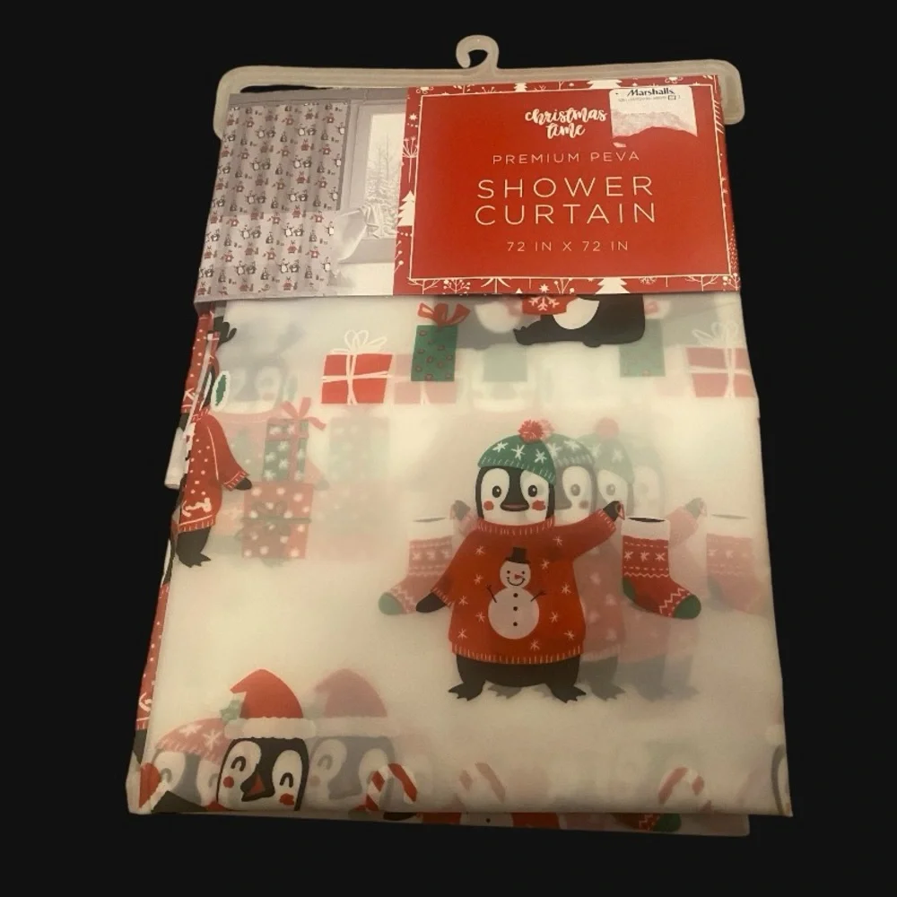 Festive Holiday Penguin Shower Curtain